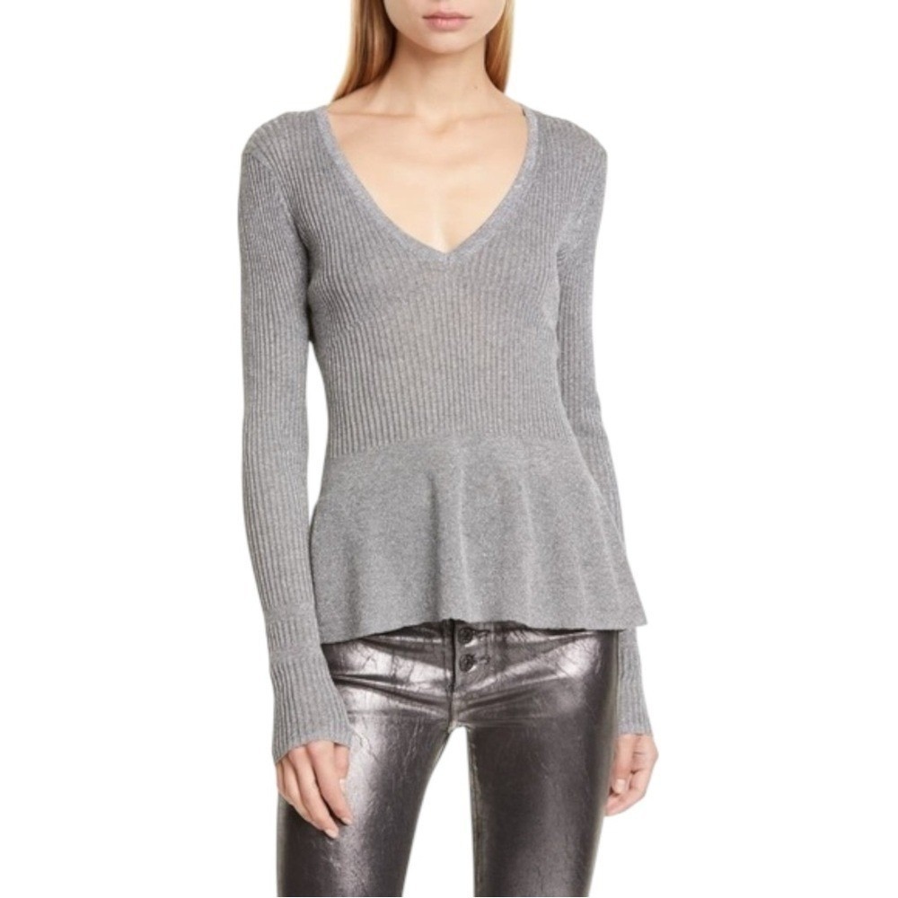 Veronica Beard Esmeralda Silver Metallic Thread Peplum Ribbed LS Sweater Medium